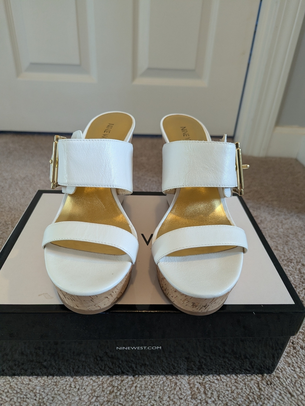 Nine West White Cork Wedge Slide Sandals with Gold Buckle And Footbed Size 9